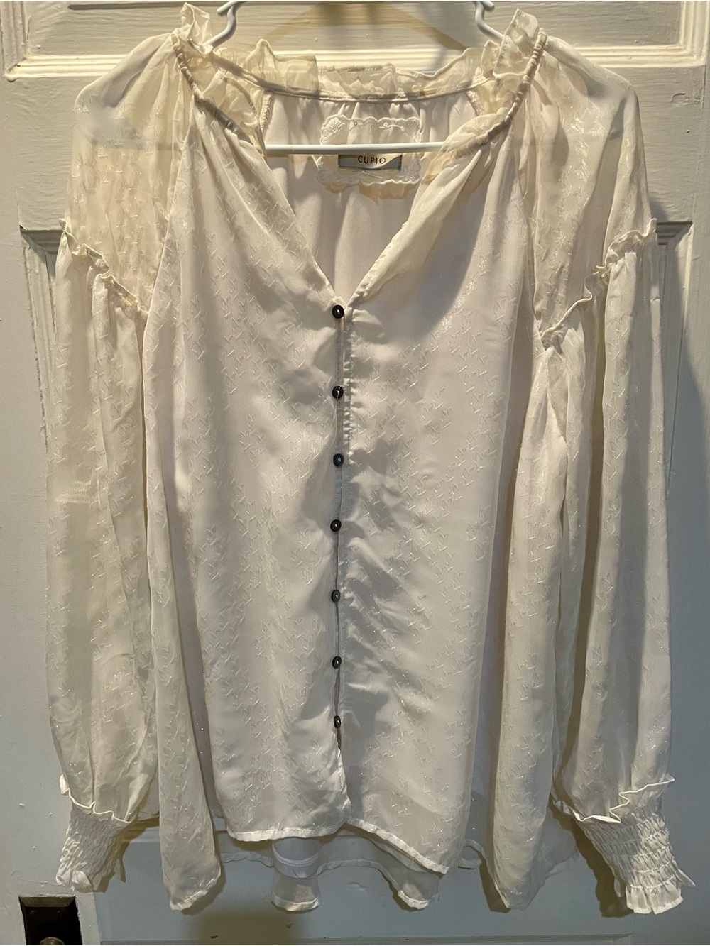 Cupio Ivory Ruffle-Neck Button Front Blouse, peasant, Boho, Large